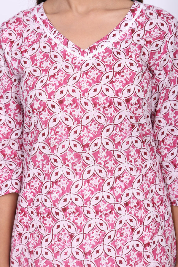 Pink Geometric Printed Lace Trim Cotton Blend Straight Kurta