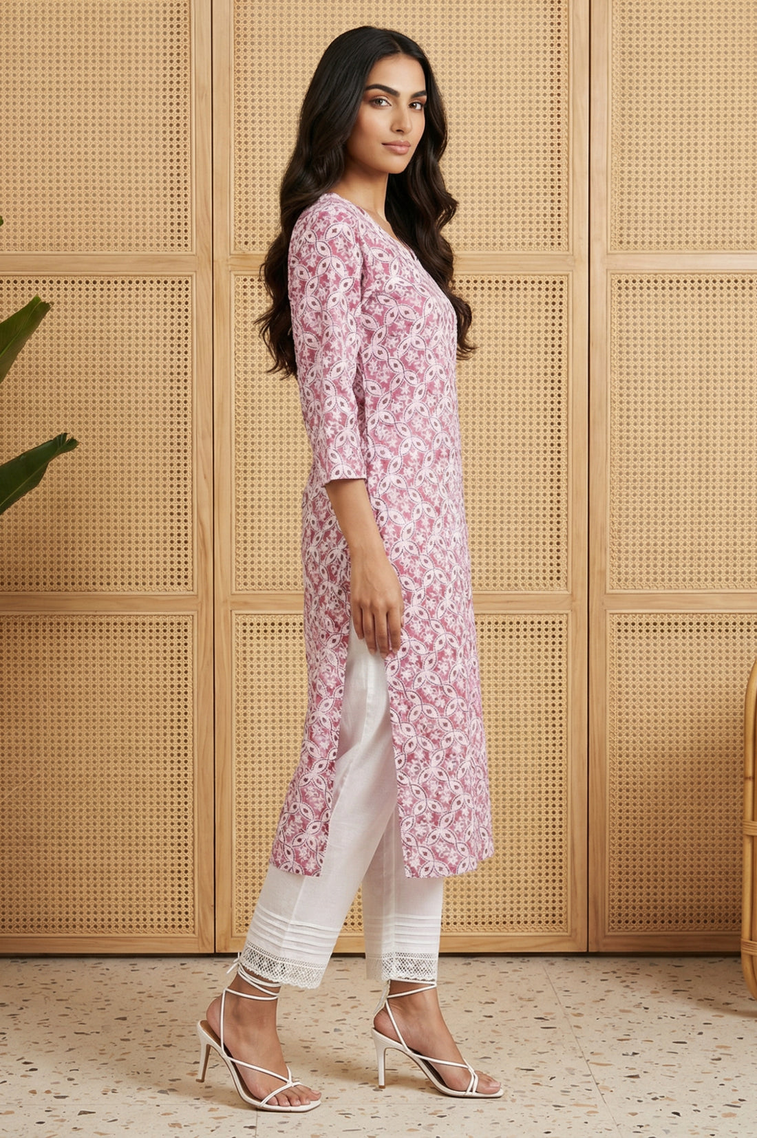 Pink Geometric Printed Lace Trim Cotton Blend Straight Kurta