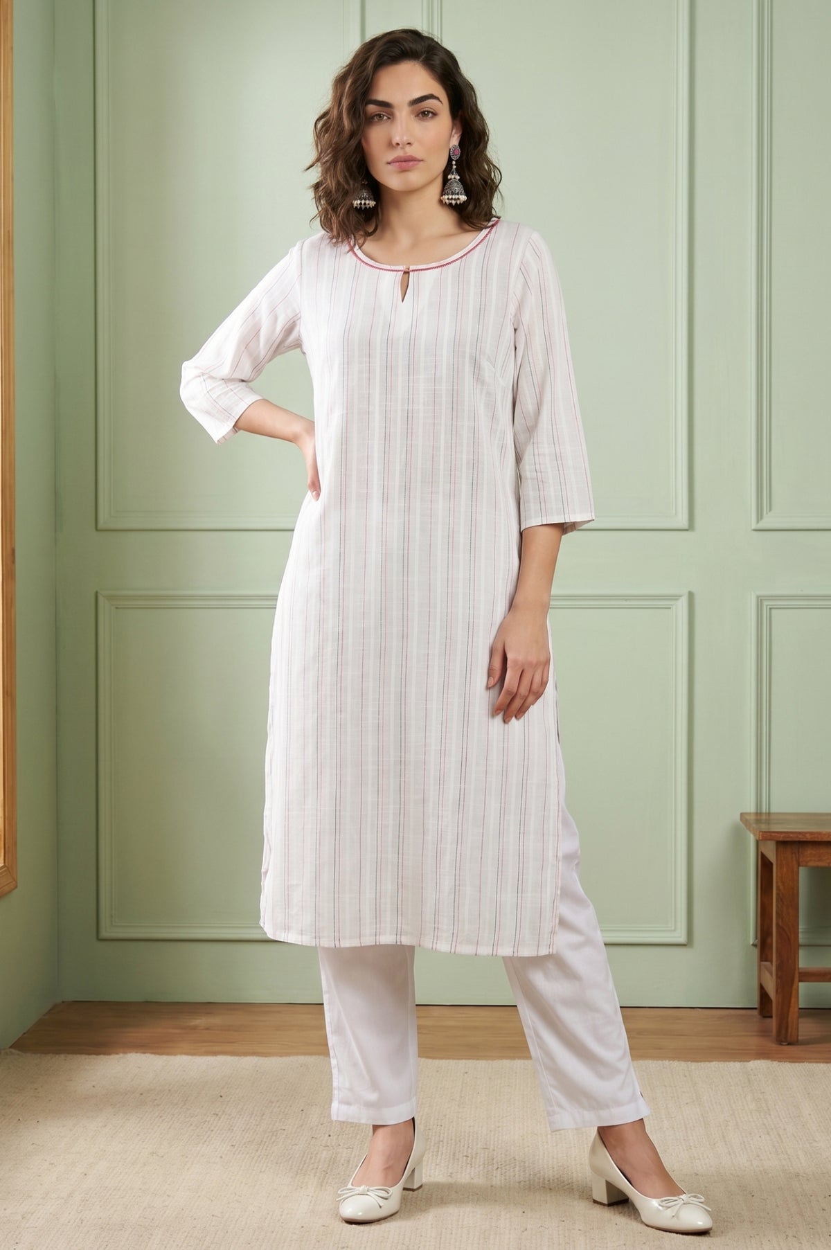Off White Striped Yarn Dyed Straight Kurta - S