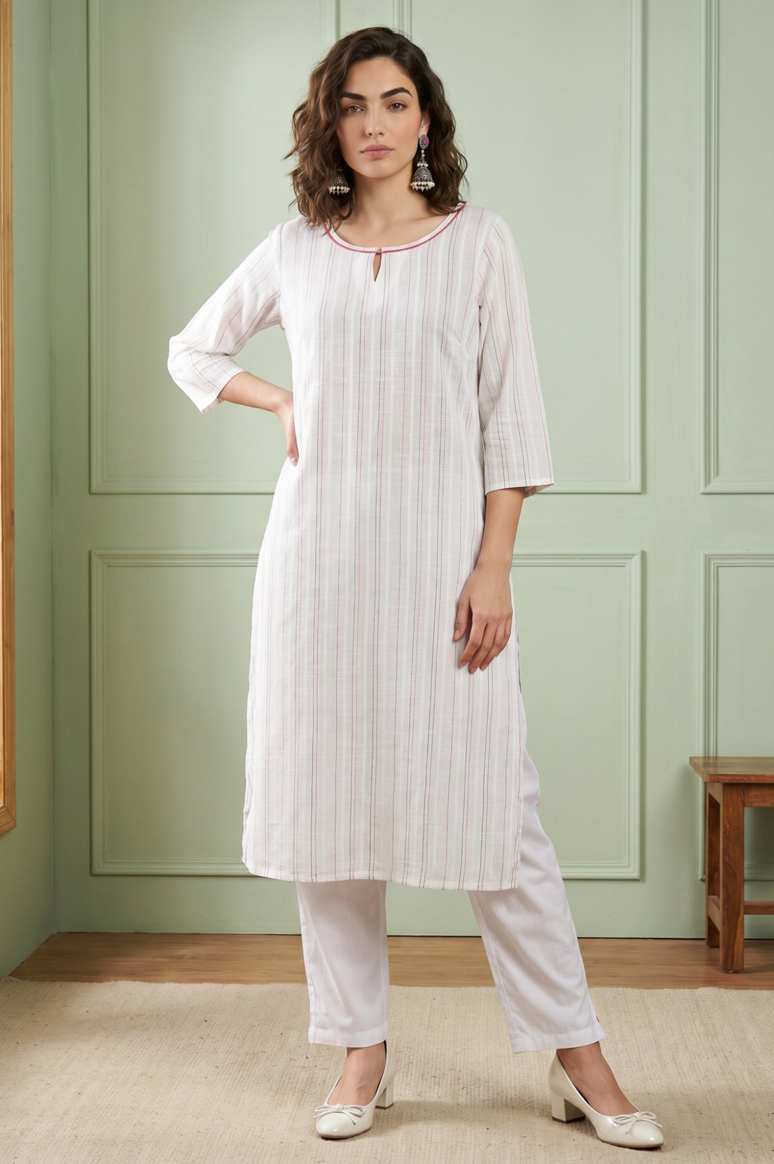 Off White Striped Yarn Dyed Straight Kurta