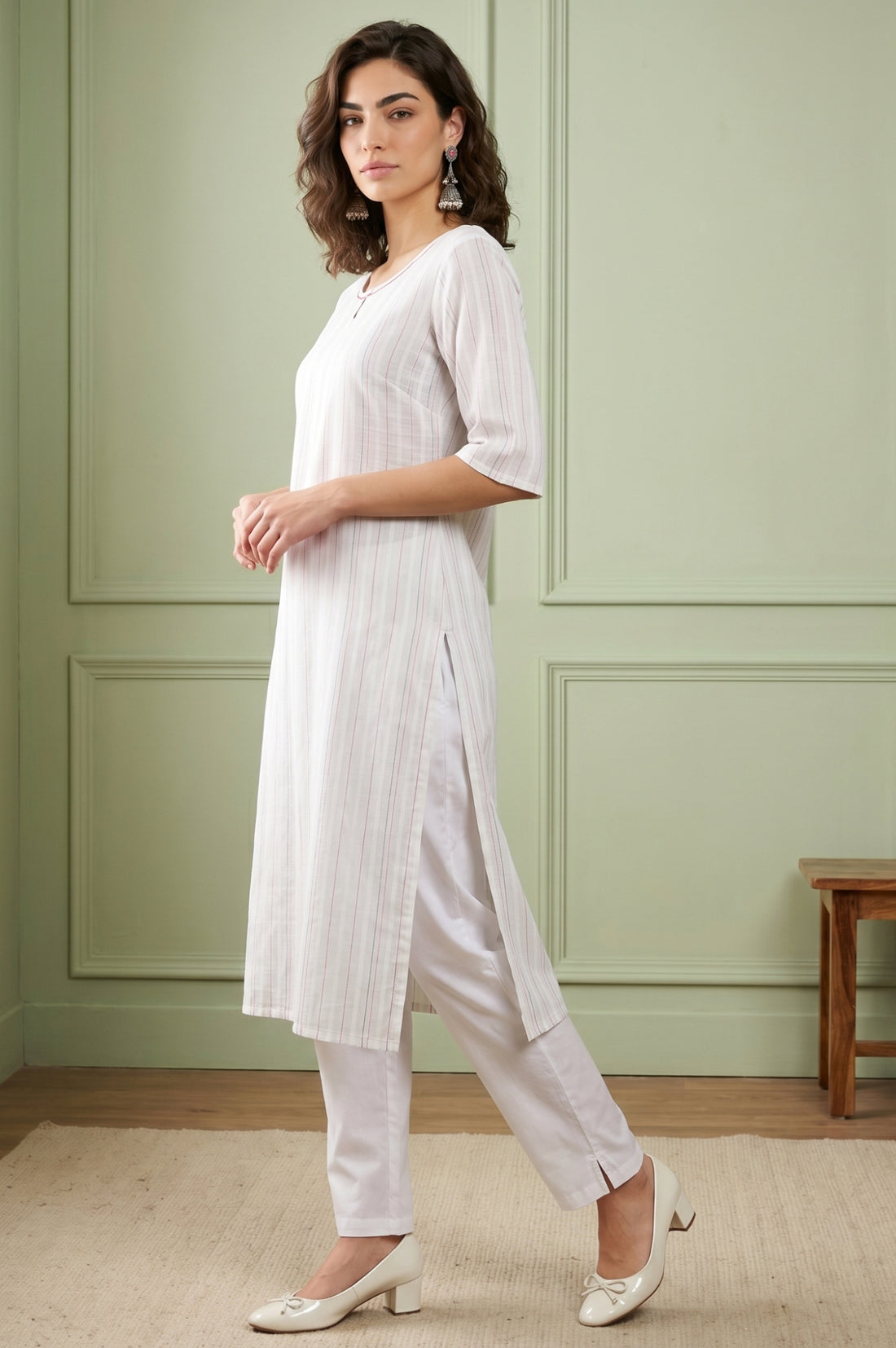 Off White Striped Yarn Dyed Straight Kurta