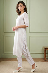 Off White Striped Yarn Dyed Straight Kurta