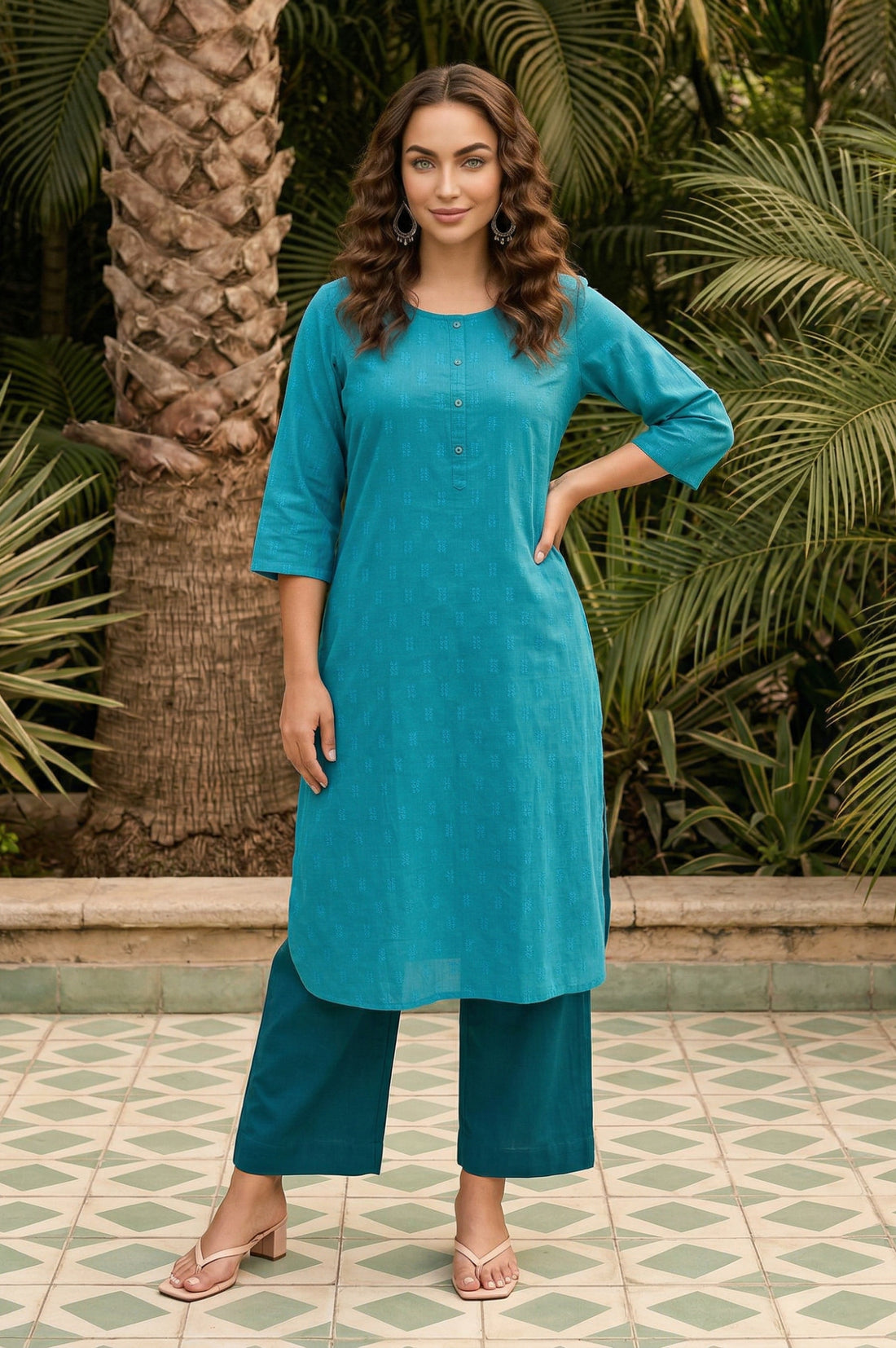 Teal Yarn Dyed Textured Pure Cotton Straight Kurta
