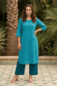 Teal Yarn Dyed Textured Pure Cotton Straight Kurta