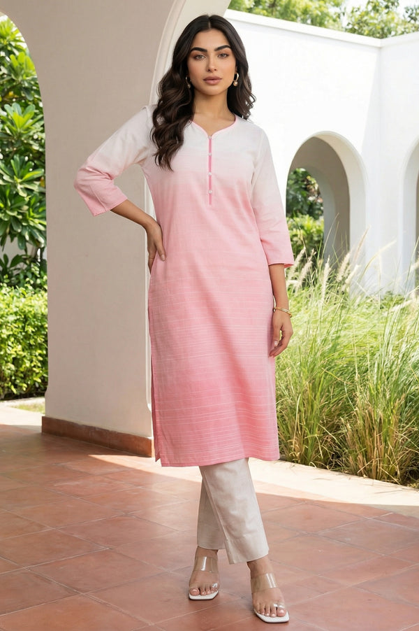 Pink Ombre Yarn Dyed Textured Rayon Straight Kurta