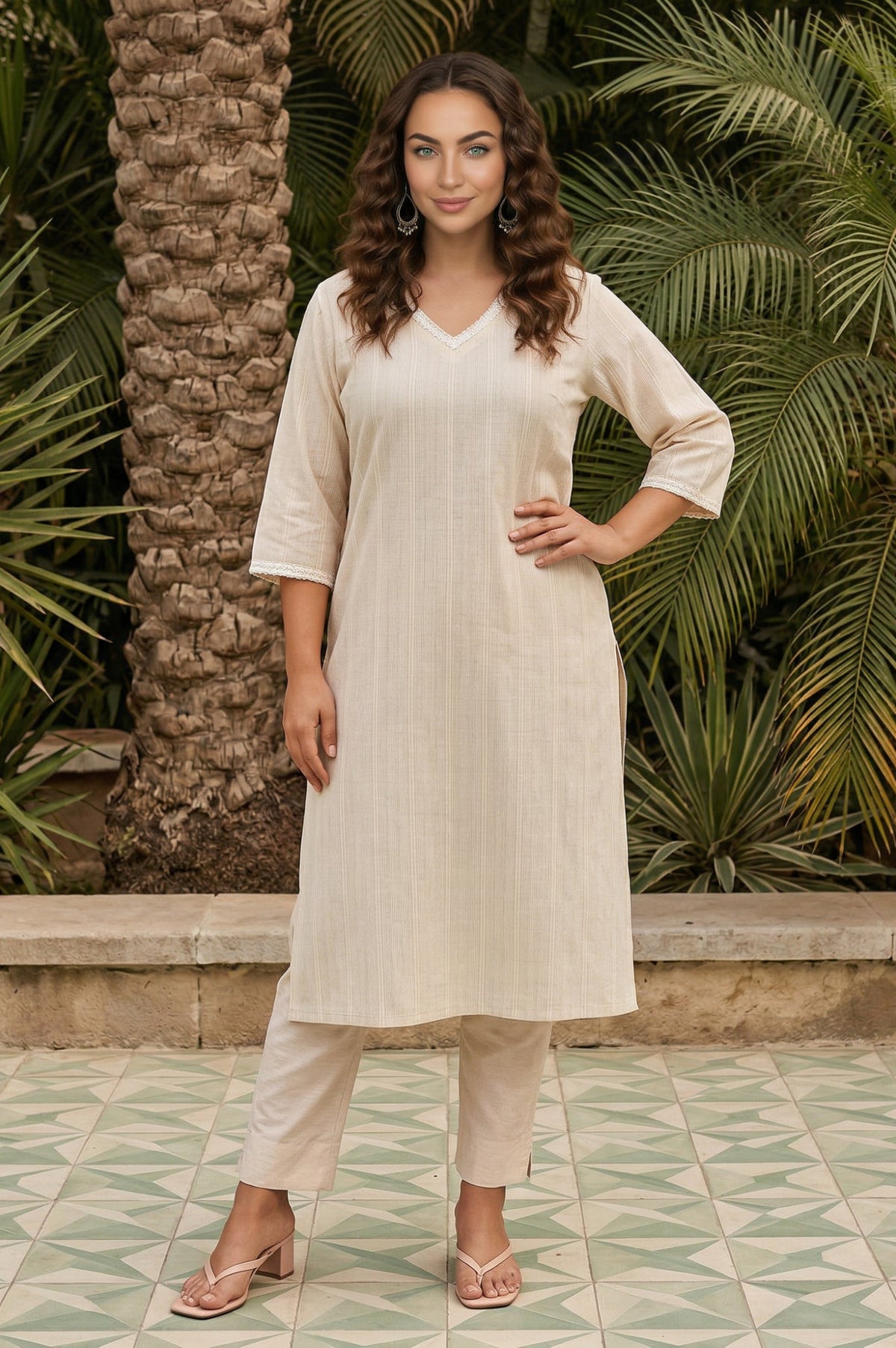 Cream Yarn Dyed Striped Textured Cotton Blend Straight Kurta with Lace - XS