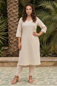 Cream Yarn Dyed Striped Textured Cotton Blend Straight Kurta with Lace