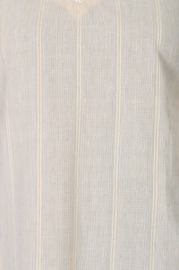 Cream Yarn Dyed Striped Textured Cotton Blend Straight Kurta with Lace