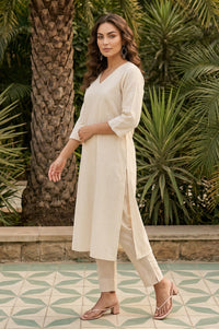Cream Yarn Dyed Striped Textured Cotton Blend Straight Kurta with Lace