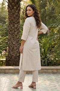 Cream Yarn Dyed Striped Textured Cotton Blend Straight Kurta with Lace