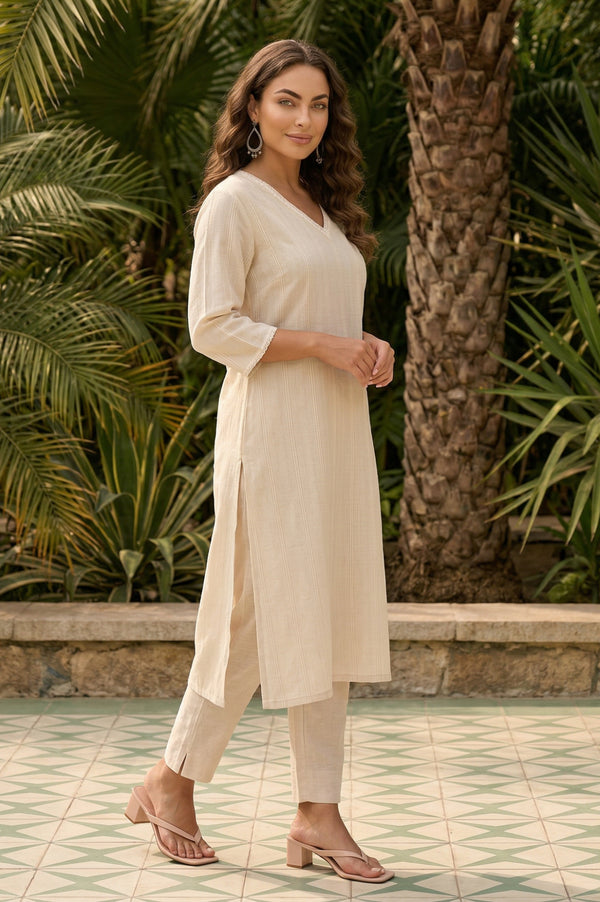 Cream Yarn Dyed Striped Textured Cotton Blend Straight Kurta with Lace