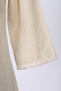 Cream Yarn Dyed Striped Textured Cotton Blend Straight Kurta with Lace