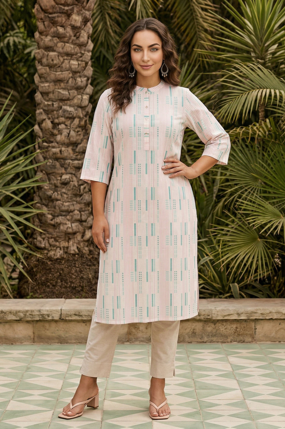 Off White Yarn Dyed Geometric Printed Cotton Blend Straight Kurta