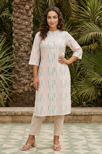 Off White Yarn Dyed Geometric Printed Cotton Blend Straight Kurta
