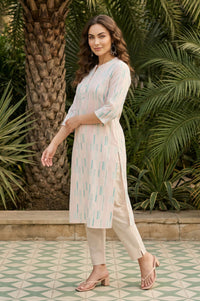 Off White Yarn Dyed Geometric Printed Cotton Blend Straight Kurta