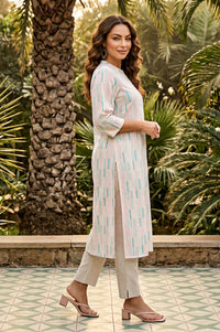Off White Yarn Dyed Geometric Printed Cotton Blend Straight Kurta