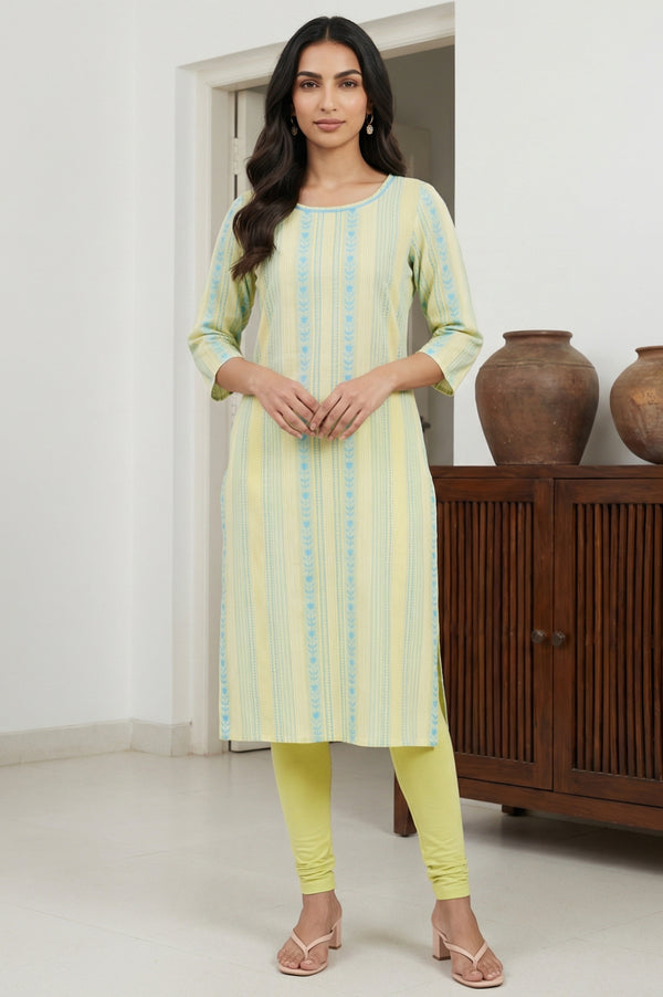 Yellow Yarn Dyed Striped Pure Cotton Straight Kurta