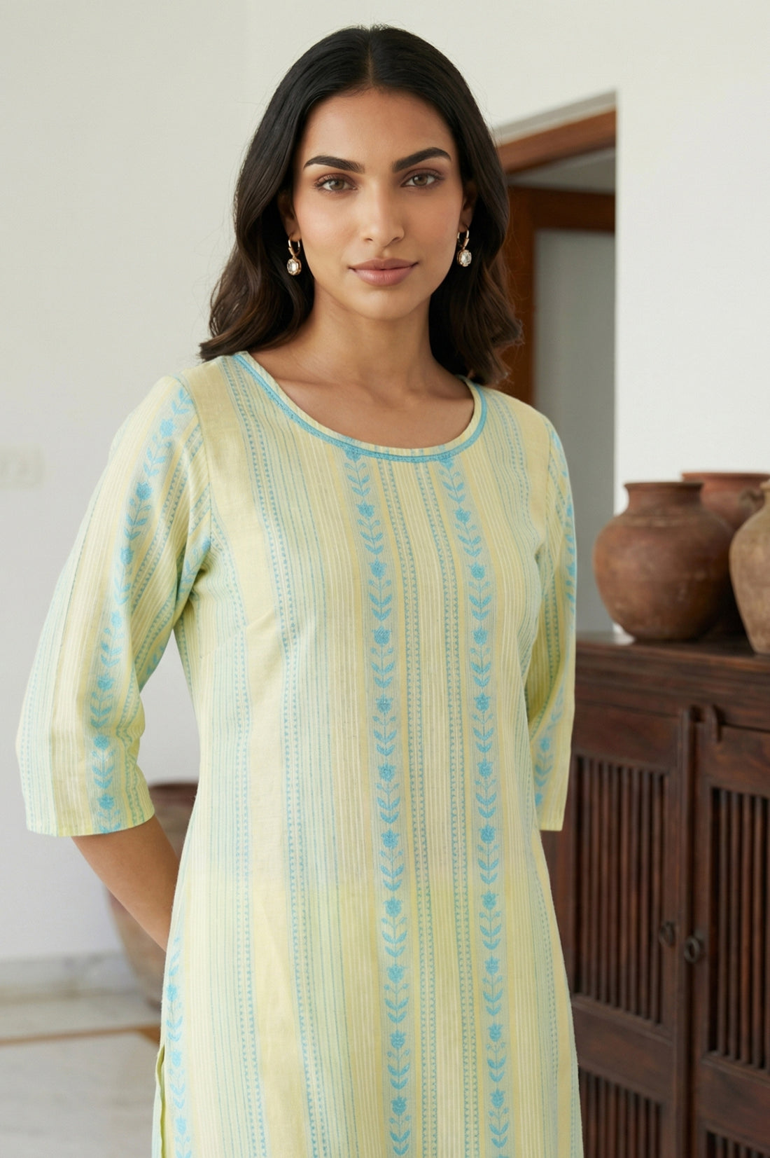 Yellow Yarn Dyed Striped Pure Cotton Straight Kurta