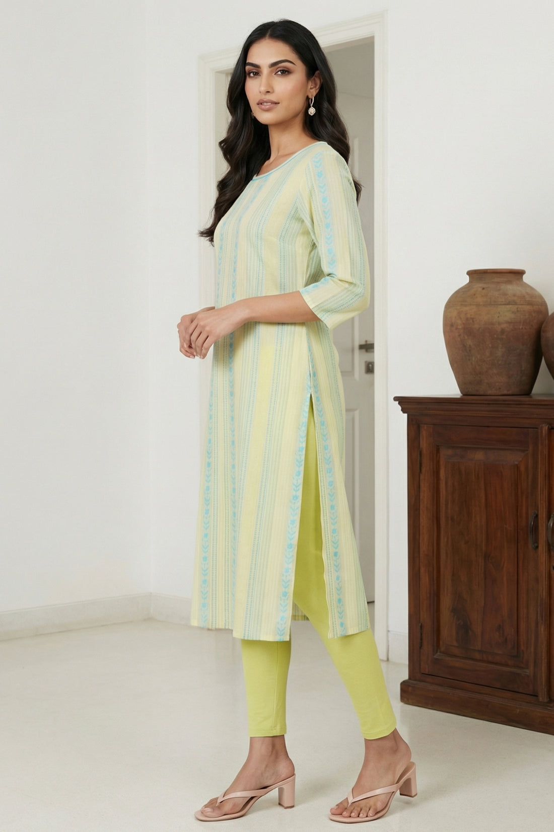 Yellow Yarn Dyed Striped Pure Cotton Straight Kurta