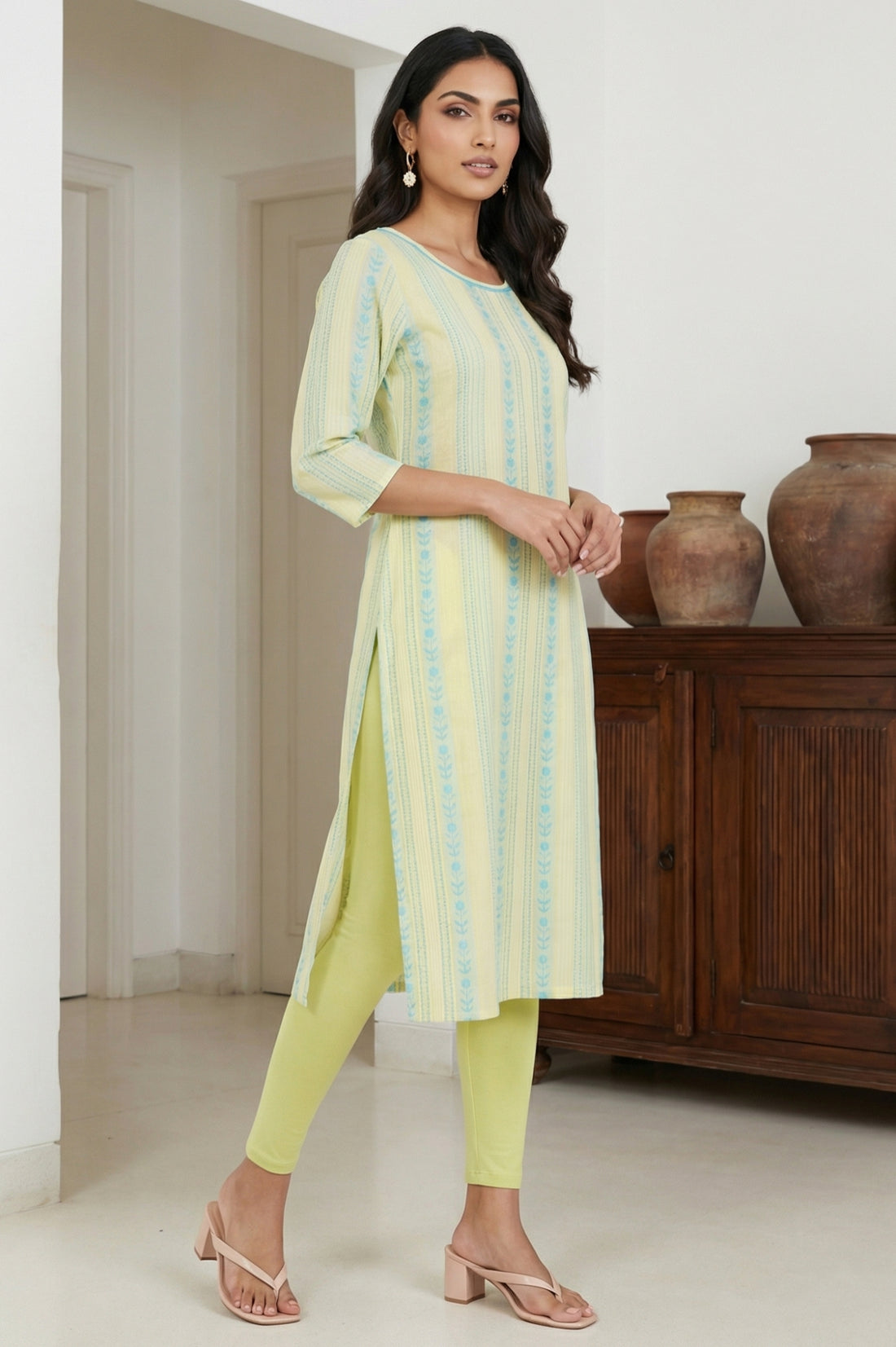 Yellow Yarn Dyed Striped Pure Cotton Straight Kurta