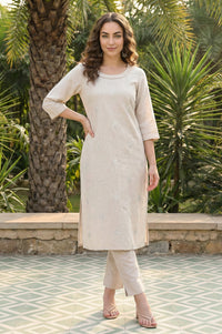 Beige Thread Embroidered Rayon Blend Straight Kurta