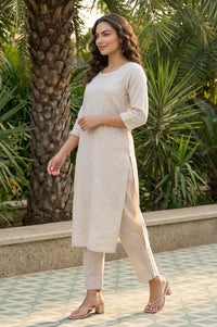 Beige Thread Embroidered Rayon Blend Straight Kurta