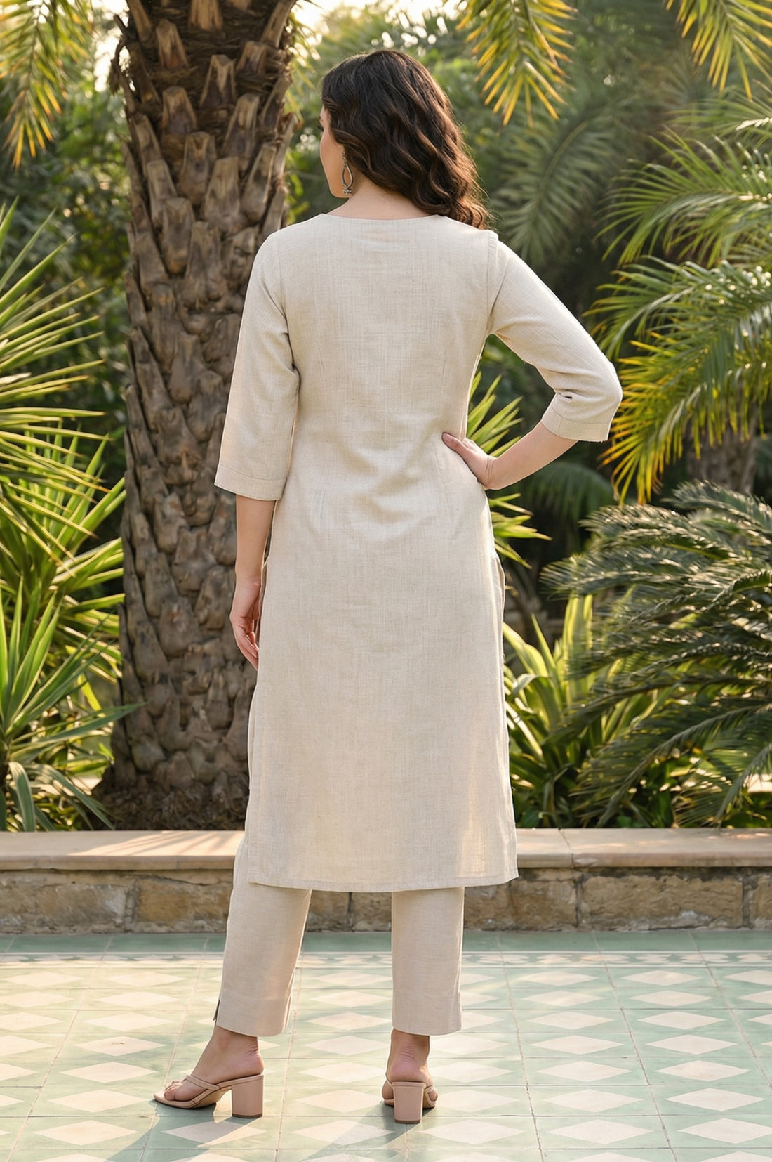 Beige Thread Embroidered Rayon Blend Straight Kurta