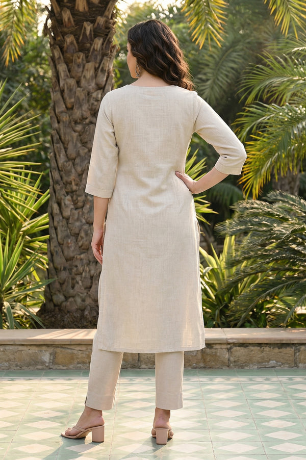Beige Thread Embroidered Rayon Blend Straight Kurta