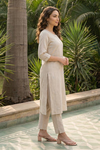 Beige Thread Embroidered Rayon Blend Straight Kurta