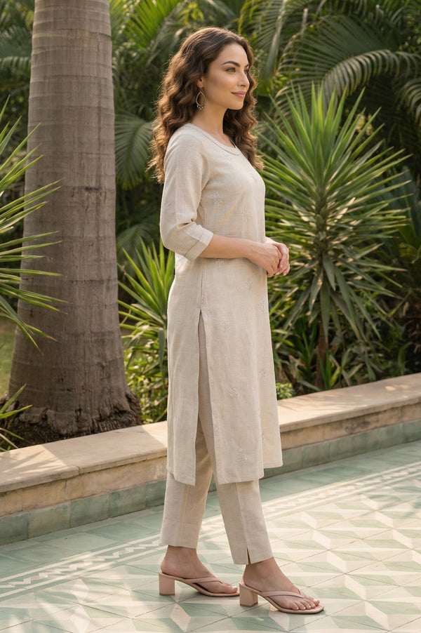 Beige Thread Embroidered Rayon Blend Straight Kurta
