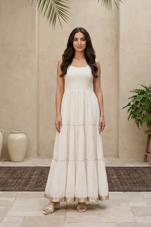 Off White Smocking Yoke Cotton Blend Flared Dress