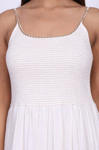 Off White Smocking Yoke Cotton Blend Flared Dress