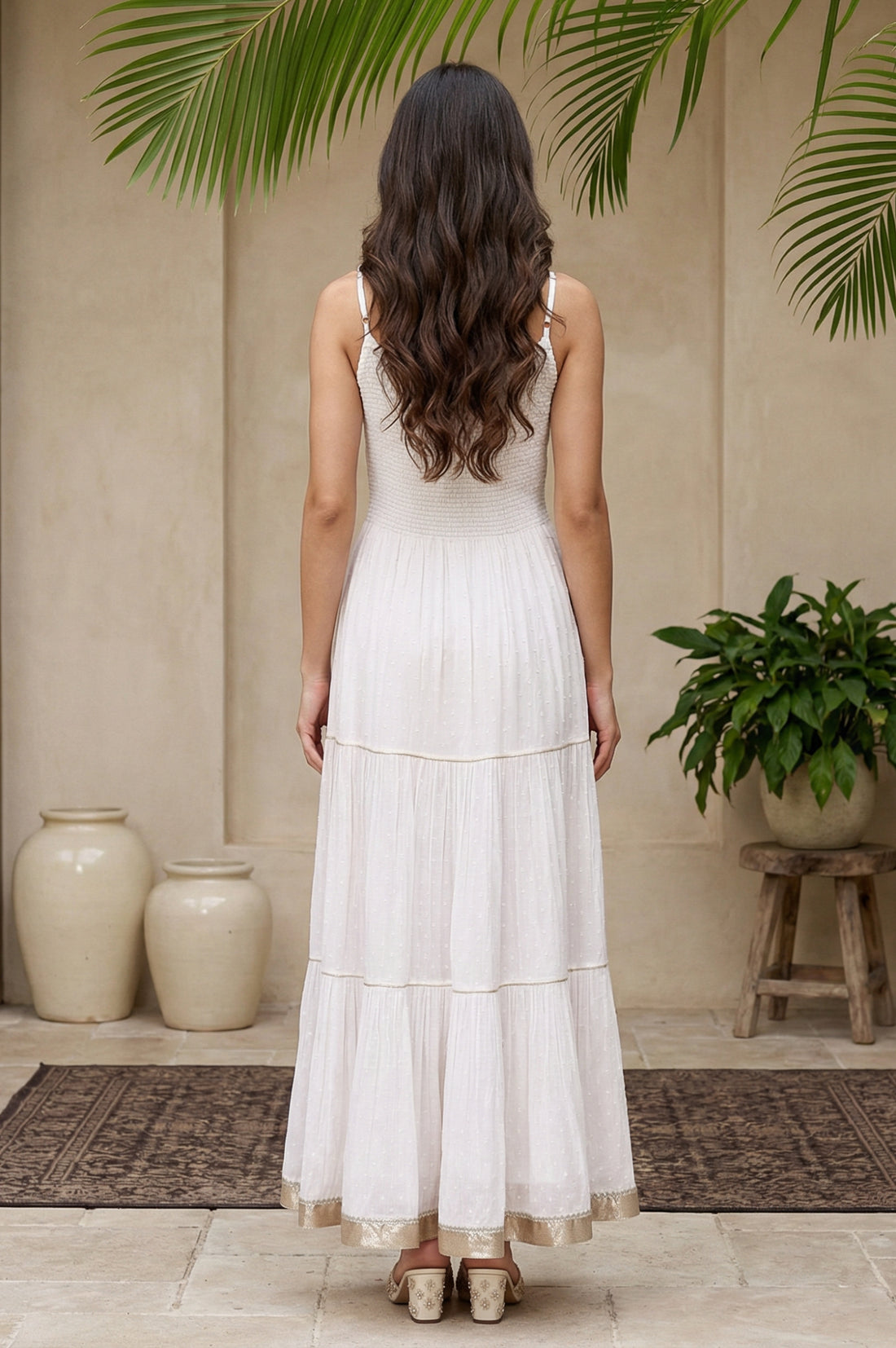 Off White Smocking Yoke Cotton Blend Flared Dress