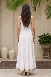 Off White Smocking Yoke Cotton Blend Flared Dress