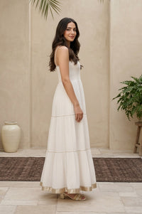 Off White Smocking Yoke Cotton Blend Flared Dress