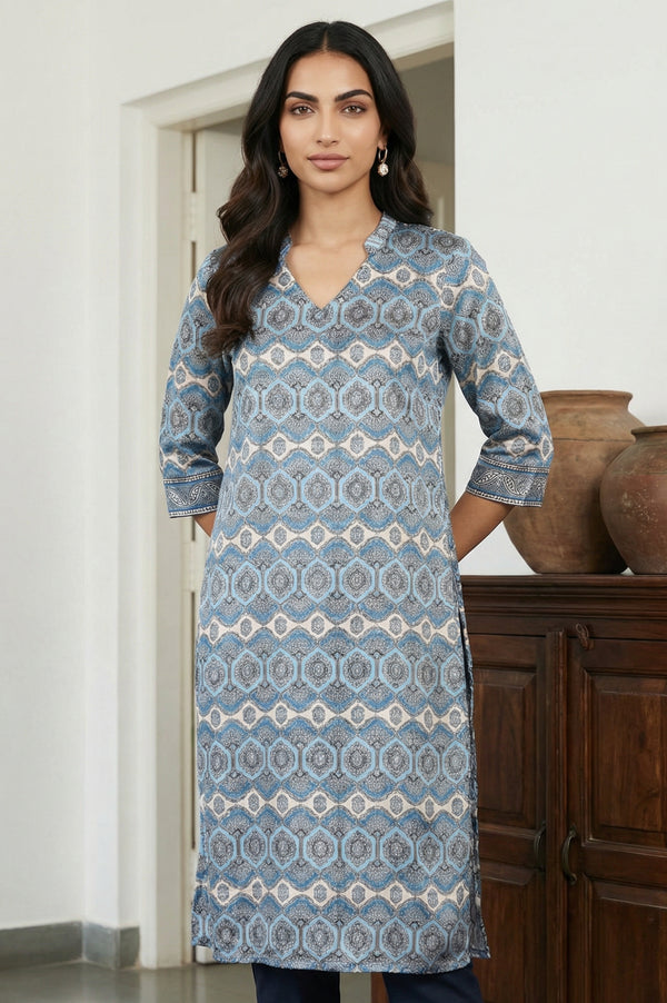 Blue Ethnic Motifs Printed Modal Straight Kurta