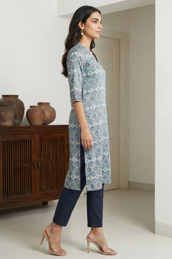 Blue Ethnic Motifs Printed Modal Straight Kurta