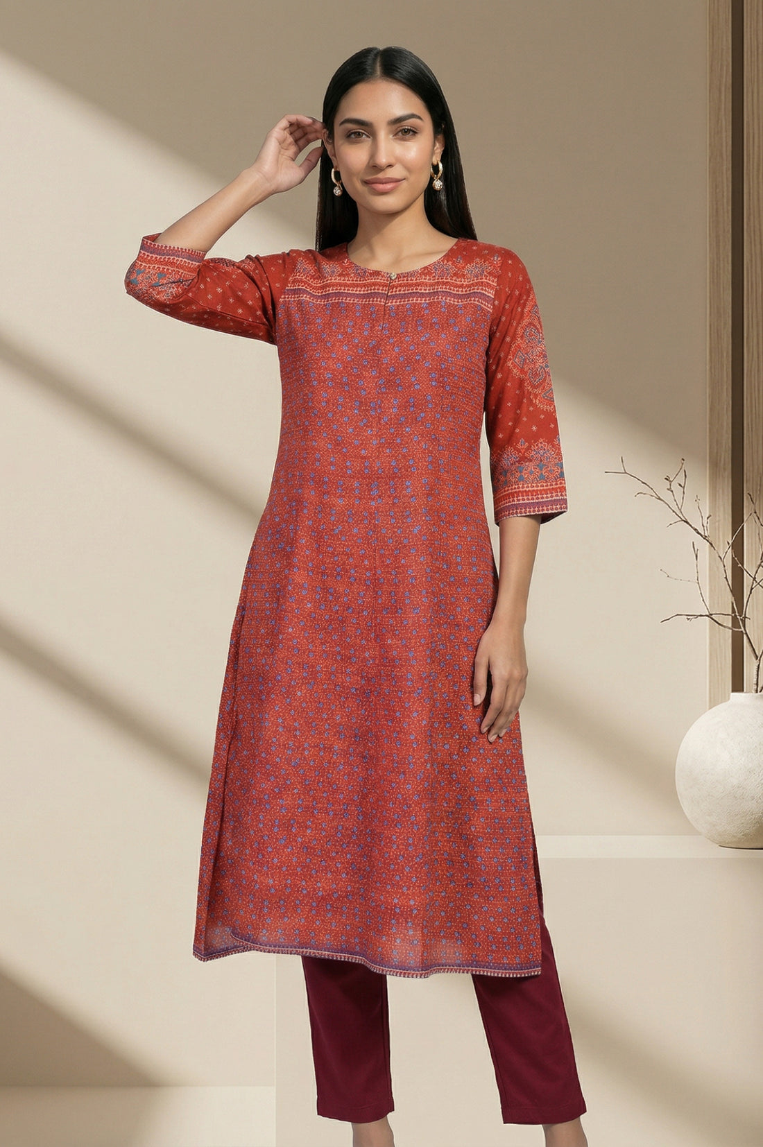 Red Ethnic Motifs A-line Kurta