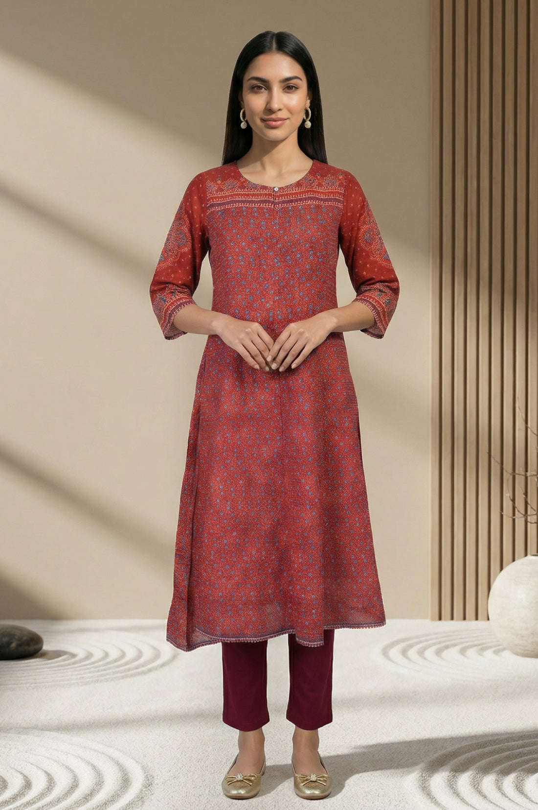 Red Ethnic Motifs A-line Kurta
