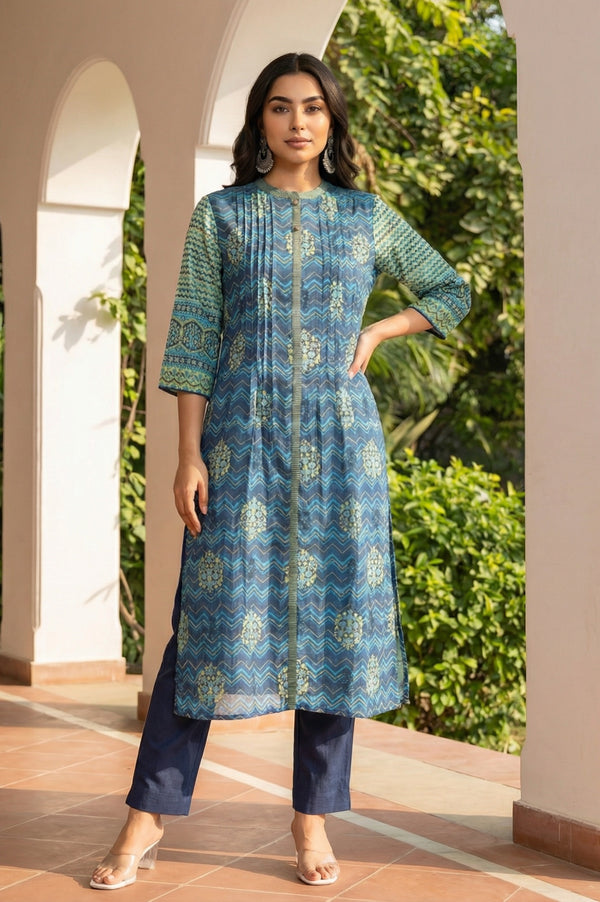 Teal Geometric Printed Pintucks Straight Kurta