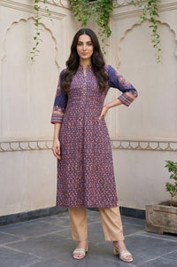 Navy Blue Floral Printed Foil Print Pintucks Pure Cotton Straight Kurta