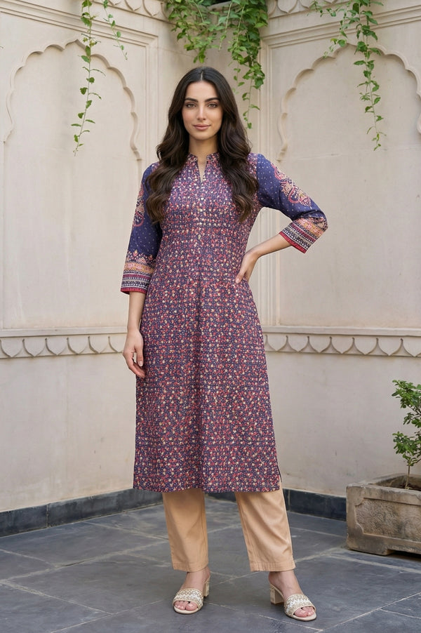 Navy Blue Floral Printed Foil Print Pintucks Pure Cotton Straight Kurta