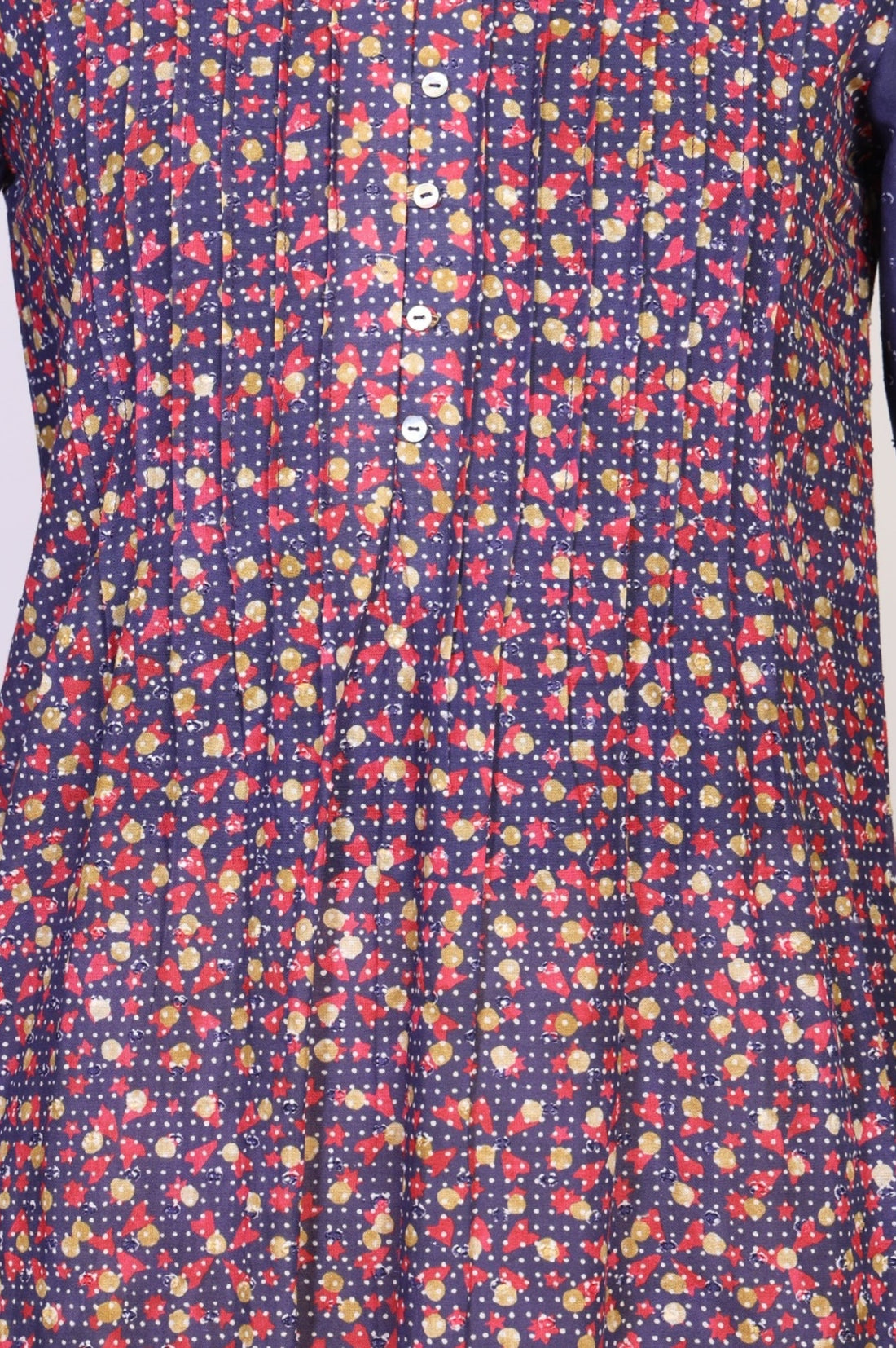 Navy Blue Floral Printed Foil Print Pintucks Pure Cotton Straight Kurta
