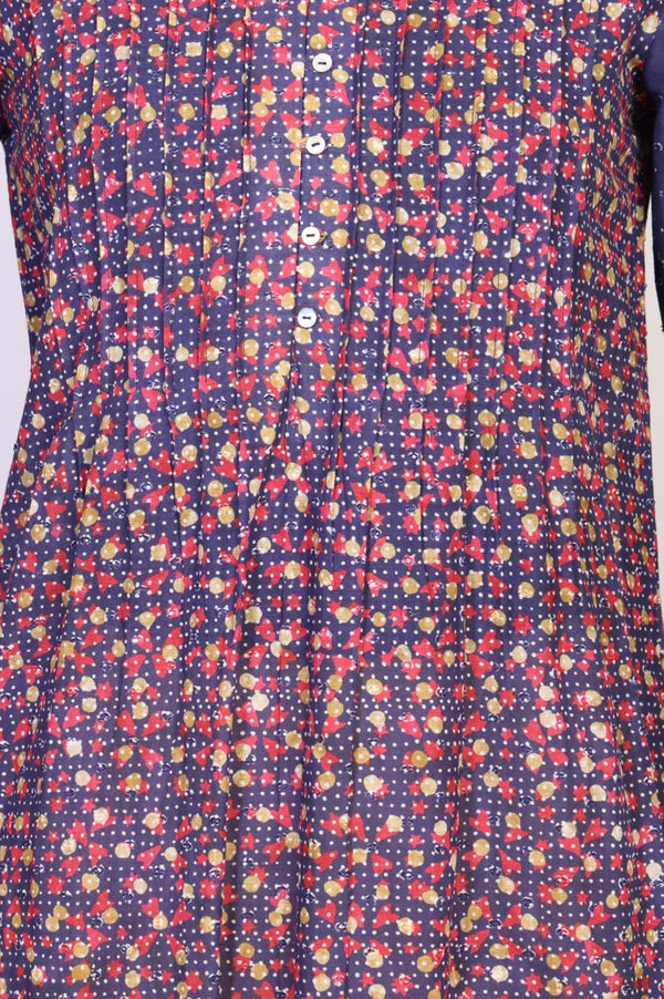 Navy Blue Floral Printed Foil Print Pintucks Pure Cotton Straight Kurta