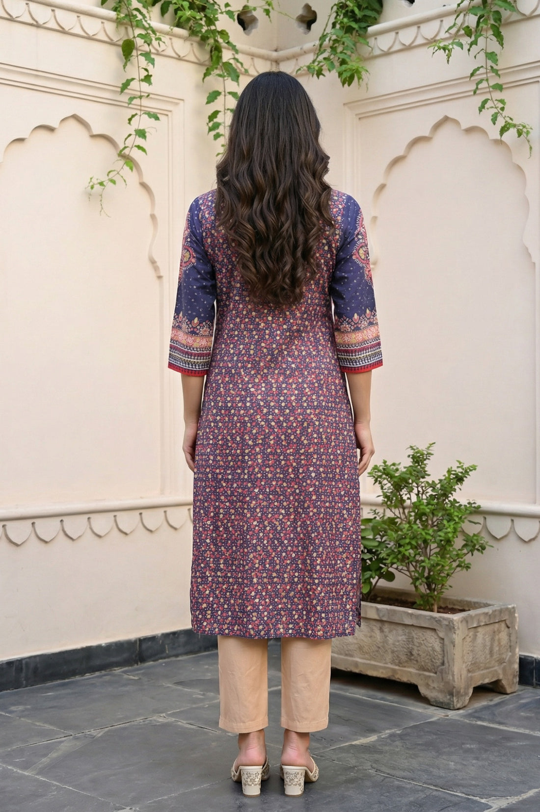 Navy Blue Floral Printed Foil Print Pintucks Pure Cotton Straight Kurta