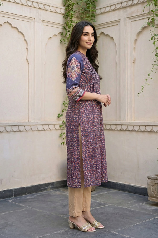 Navy Blue Floral Printed Foil Print Pintucks Pure Cotton Straight Kurta