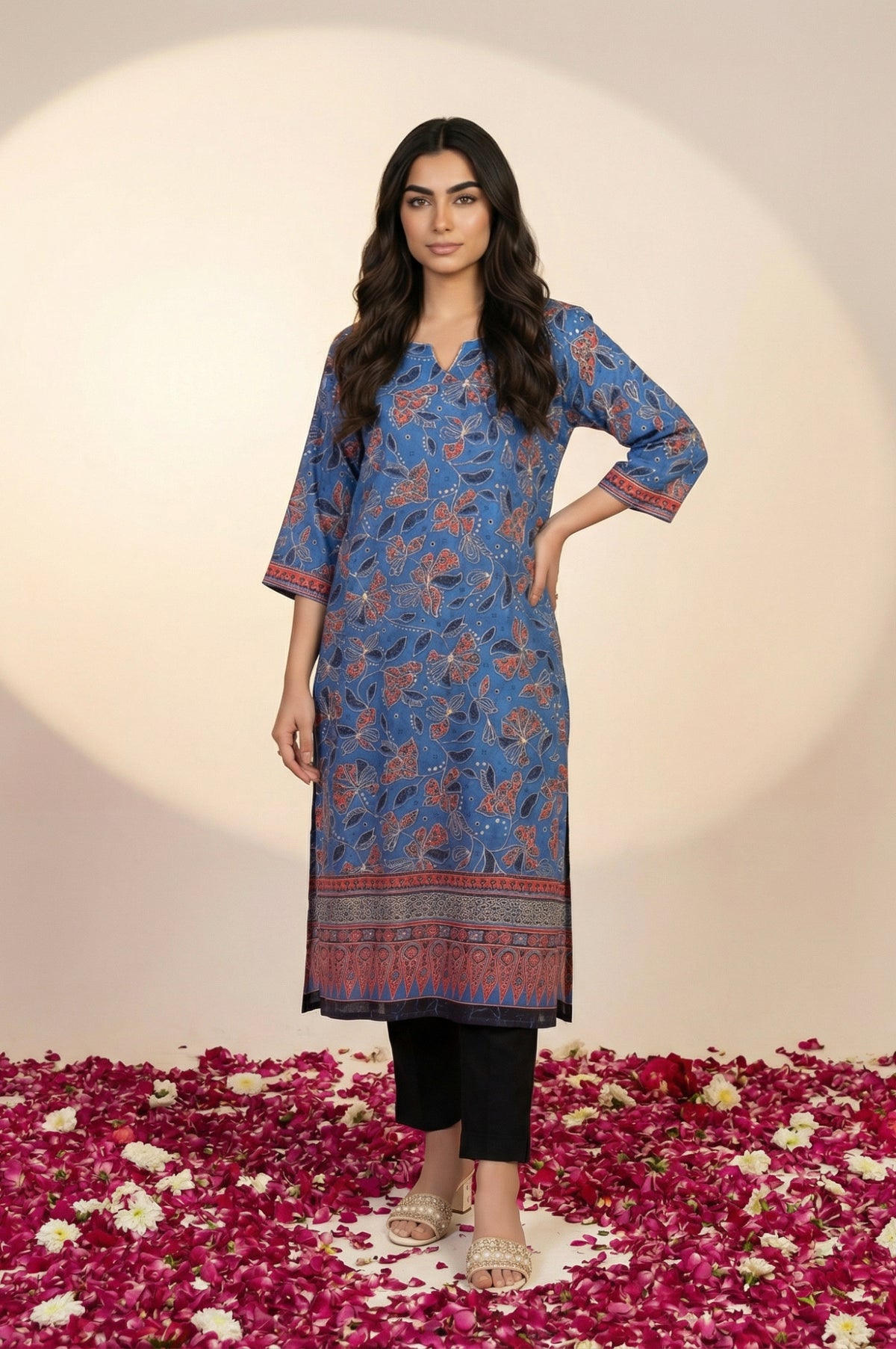 Blue Floral Printed Piping Straight Kurta - XS