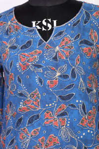 Blue Floral Printed Piping Straight Kurta