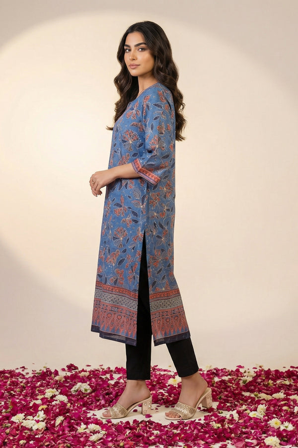 Blue Floral Printed Piping Straight Kurta