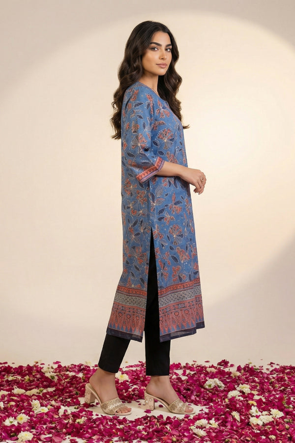 Blue Floral Printed Piping Straight Kurta